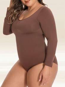 Plus Size Women Shapewear Long Sleeve Tummy Control Seamless Bodysuit