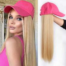 Bright Pink Baseball Cap With Attached Long Curly Wig, Synthetic Fiber Wig, Adjustable Hat For Women - Multicolor - View 13
