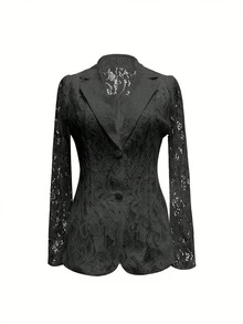 Spring/Summer White/Black Lace Blazer For Women, Notch Lapel,See-Through Long Sleeves , Regular Fit, Floral Embroidered, Sheer Fabric, Elegant Formal Style, Perfect For Fashion - Forward Ladies