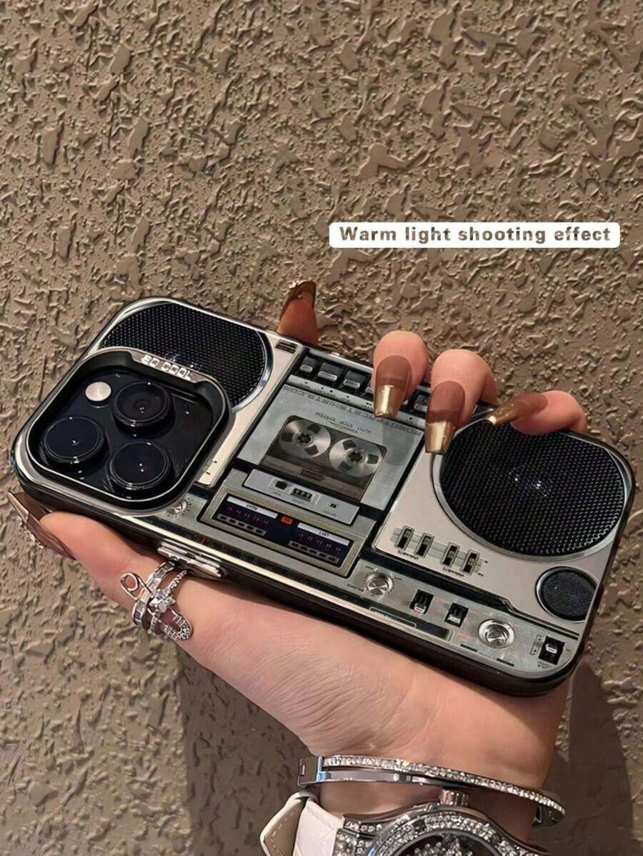 Recorder 1pc Fashionable Cassette Tape Print Shock-Proof Phone Case Compatible With Iphone 11 12 13 14 11Pro Max 12Pro Max 13Pro Max 14Pro Max XR 15 15Pro 15Pro Max, Series - Black - View 1