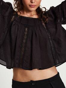 Women Open Back Bow Tie Up Tank Tops Short Sleeve Sheer Lace Patchwork Flowy Peasant Blouse Coquette Backless Beach Cardigan Shirts Y2k Teen Girls Aesthetic Babydoll Peplum Top - Black - View 3