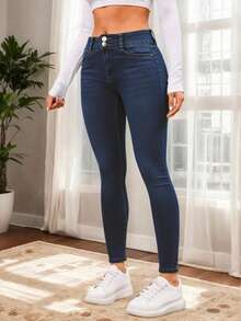 Jeans Dama Skinny Mezclilla Stretch Tiro Alto Básico Curvy - Azul - Ver 3