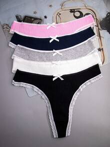 5pcs Women's Multicolor Ribbed High Elasticity Cute Bow Sexy Lace Trim Thong Panties - Multicolor - View 2