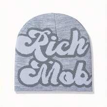 1入Y2k風格針織帽，哥德字母中性帽，嘻哈輕質針織帽，時尚百搭，溫暖舒適，適用於萬聖節、聖誕節和滑雪街道 - 黑色 - 查看 4