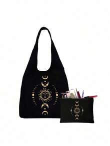 太阳月亮星星印花帆布单肩包、印花黑色背心手提包和黑色小包、情人节礼物、女伴娘个性化婚礼礼品袋、化妆包、旅行简易收纳袋