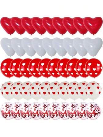 15/35/50pcs Heart-Shaped Red & White Confetti, Red & White Heart Print Balloons, 10"/12" Latex Balloons For Valentine's Day, Anniversary, Wedding Party Decoration, Suitable For Birthday, Carnival, Wedding, Baby Shower Parties For Men, Women, Princesses And Adults