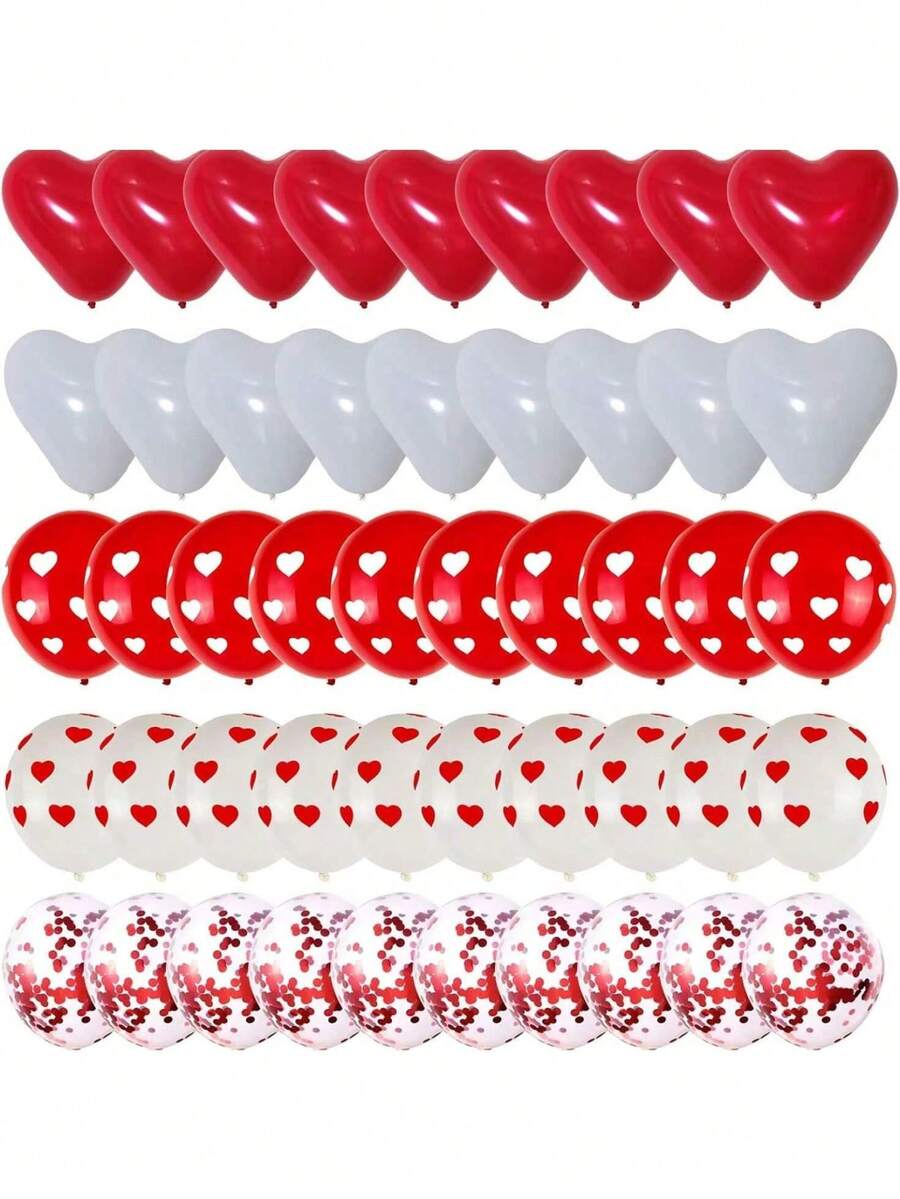 15/35/50pcs Heart-Shaped Red Foil Sequin Balloons With Red & White Heart Print, For Valentine's Day, Anniversary, Birthday, Wedding Party Decoration - Multicolor - View 1