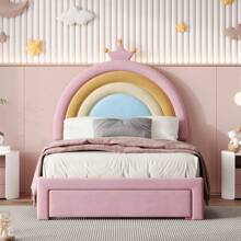 Twin Size Rainbow Velvet Bed - Princess Style Upholstered Platform With Hidden Storage Drawer, Playful Pink & Multicolor Accents