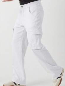 Men Jeans-Manfinity Homme White Men's Casual Fashion Straight Pants, Street Style Comfortable Relaxed Fitted Jeans Pants With 6 Pockets ,White,Suitable Gift For Husband/Boyfriendn - 白色 - 查看 3