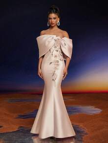 Elisanya Đầm dạ hội dài đuôi cá hở vai đính hoa đính sequin sang trọng Anymoon - Rượu sâm banh - Xem 3