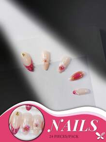 Una caja de 24 uñas medianas de almendra, con flores 3D rosas y detalles degradados en oro rosa, exudando un ambiente dulce y elegante. Conjunto de uñas postizas con lima de uñas y pegamento de gelatina, perfecto para todas las mujeres, ideal para uso diario, fiestas y ocasiones especiales, agregando un toque de suave a tus dedos.