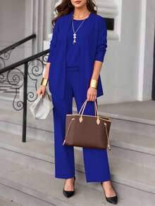 三件套加大码女式休闲纯色套装：外套/开衫 + 圆领无袖上衣 + 松紧腰直筒裤，柔软弹力面料，宽松版型，舒适通勤，适合春/秋/冬季穿着。