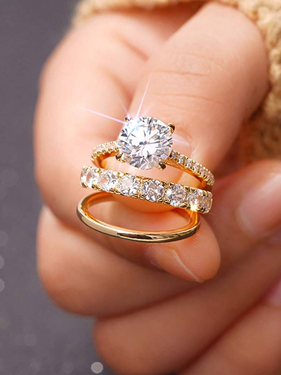Bộ 3 chiếc nhẫn xếp chồng thanh lịch, đính đá Cubic Zirconia hình giọt nước lấp lánh, tượng trưng cho sự lãng mạn và sang trọng, thích hợp để đeo hàng ngày, cũng là món quà tuyệt vời cho Tết Nguyên Đán. - Vàng - Xem 1