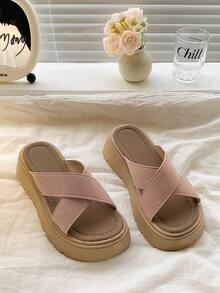 女士厚底凉鞋，圆头镂空坡跟凉鞋，套脚拖鞋，夏季度假休闲户外凉鞋，适合搭配连衣裙和沙滩穿着，厚底拖鞋 - 粉色 - 查看 4