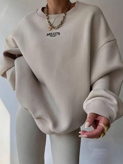 Women's Y2K Oversized Crew Neck Letter Print Sweatshirt, Casual Pullover For Back To School, Fall , Airport Wear