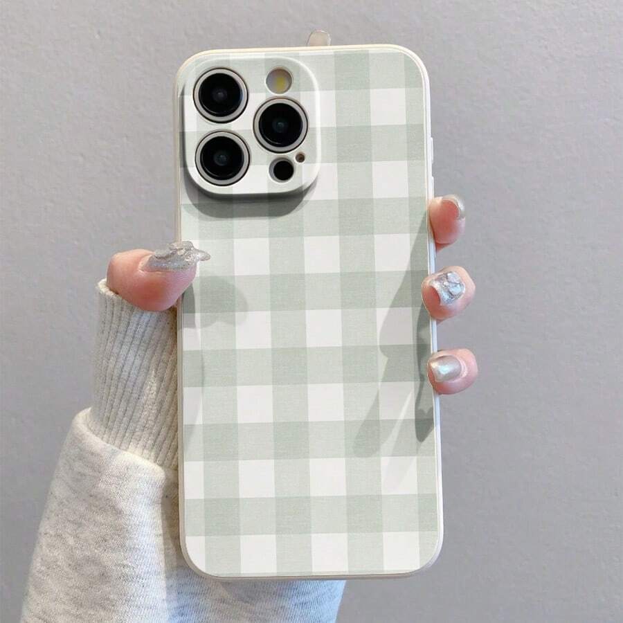 Sage Green Gingham Fabric Texture Pattern Element Design Slim TPU White IPhone Case For IPhone X/XS/11/12/13/14/15/16 Pro - Soft TPU Shell With Camera Protection,Durable & Full Protection - P - White - View 1