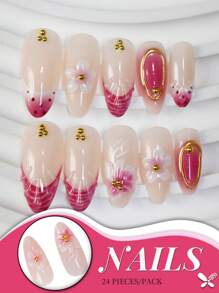 Una caja de 24 uñas medianas de almendra, con flores 3D rosas y detalles degradados en oro rosa, exudando un ambiente dulce y elegante. Conjunto de uñas postizas con lima de uñas y pegamento de gelatina, perfecto para todas las mujeres, ideal para uso diario, fiestas y ocasiones especiales, agregando un toque de suave a tus dedos.