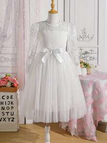 Princess Dress For Girls  Lace  Mesh Long Sleeve Top + Belt  Elegant Toddler Formal Party, Playtime  Special Occasion Outfit 5T-13T - Cute - trắng - Xem 1