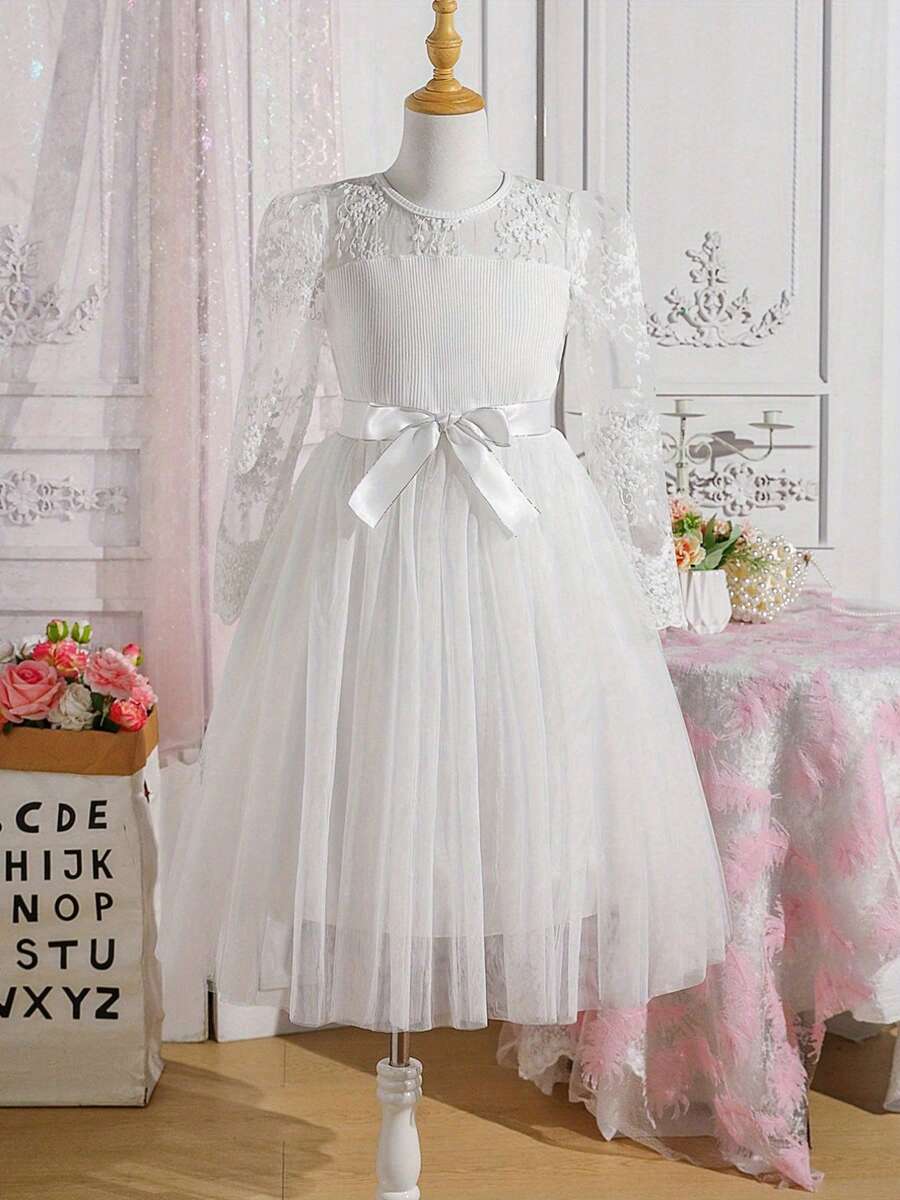Princess Dress For Girls Lace Mesh Long Sleeve Top + Belt Elegant Toddler Formal Party, Playtime Special Occasion Outfit 5T-13T - Cute - trắng - Xem 1