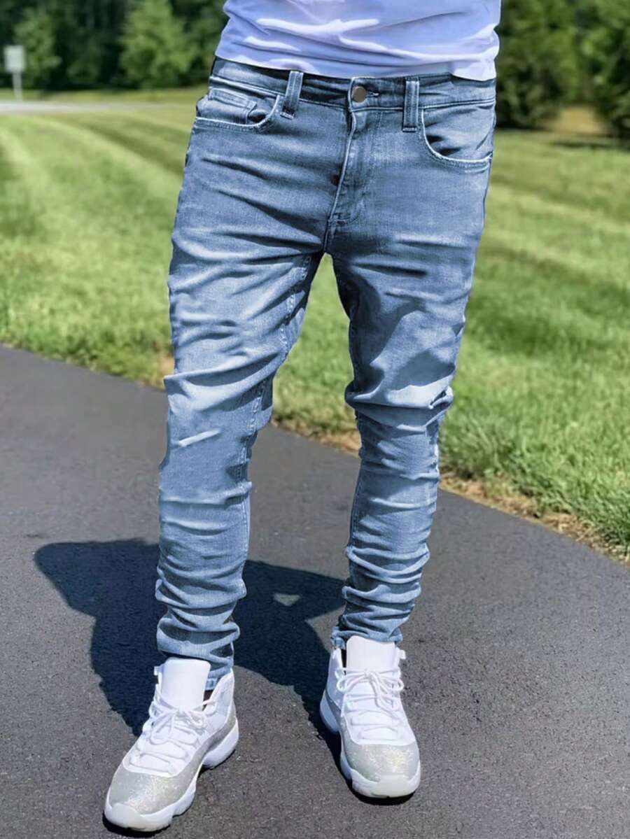 1pc Men's Blue Elastic Skinny Fit Distressed Versatile Jeans, Outdoor Comfortable Casual Cargo Slim Fit Jeans, Suitable As Gift For Husband/Boyfriend, Daily Wear, Emo Style - Light Wash - View 1