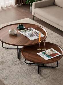 2pcs Set Suitable For Small Spaces Round Coffee Table Set - Modern Multifunctional Lift-Up Footstool With Storage, Minimalist Apartment Living Room Decor, 2pcs Nesting Tables (-Wood)