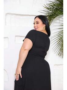 Plus Size Women's Off-The-Shoulder Short Wrap Dress Short Sleeve Mullet Sexy Neckline - 黑色 - 查看 3