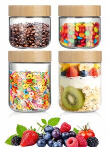 2 peças/4 peças/6 peças Pote de Vidro de 480ml com Capacidade de 480ml, Recipiente de Aveia de Noite com Tampa, Pote de Vidro de Cozinha, Recipiente de Aveia com Tampa, Pote de Armazenamento de Frutas Secas com Tampa de Bambu e Madeira, Recipiente de Armazenamento de Vidro Vedado com Tampa de Madeira