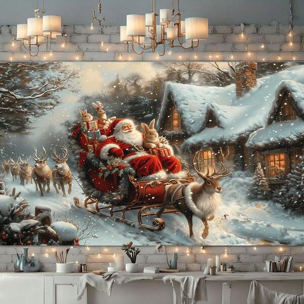 2D Santa Claus Sleigh Wall Hanging - Snowy Town Scenery, Polyester Christmas Decor For Living Room