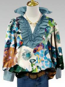 Artistic Watercolor Floral Print Ruffled Casual Shirt With Delicate Ruffled V-Neck And Contrast Neckline For Daily/Office/Home - Nhiều màu - Xem 3