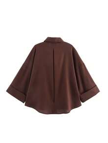Áo sơ mi nữ tay dài cổ bẻ, màu vàng thời trang độc đáo, kiểu dáng rộng rãi, cài một hàng cúc, thích hợp cho mùa xuân. - màu nâu - Xem 2
