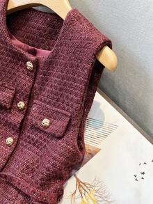 GMFP 优雅派对上衣，女士休闲时尚金属纽扣圆领修身腰带亮片粗花呢柔软羊毛酒红色背心外套，新年/情人节