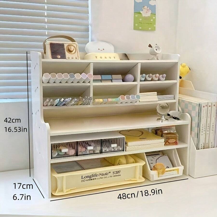 Upgraded Thickened Double Heightened Desktop Organizer, Dormitory Office Storage Box, Cosmetic Books Stationery Organizer, Space Saving Modern Design Durable - 白色/大號 - 查看 1