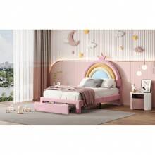 Twin Size Rainbow Velvet Bed - Princess Style Upholstered Platform With Hidden Storage Drawer, Playful Pink & Multicolor Accents