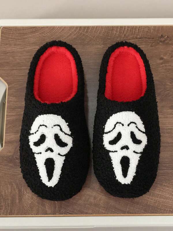 1 Pair Halloween Men's Cartoon Skull Soft Anti-Slip Thick Bottom Comfortable Warm Funny Couple Slippers