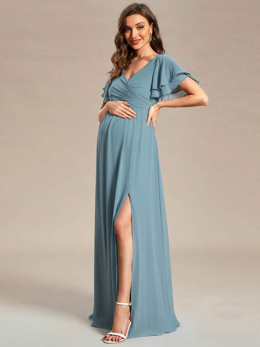 优雅荷叶边袖收腰孕妇装