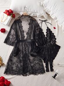 Plus Size Lace & Sexy Bodysuit Combination, Perfect Sleepwear Set - màu đen - Xem 2