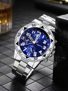 四件套男士时尚商务休闲腕表套装，包含大表盘圆形钢带石英腕表、个性化链式手链、十字架吊坠项链和戒指，适合送礼、各种场合及日常佩戴。 - 銀色 - 查看 5