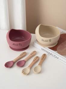 3件套个性化定制名字和图案婴儿硅胶吸盘碗木柄叉勺定制餐具套装适用于婴幼儿餐具