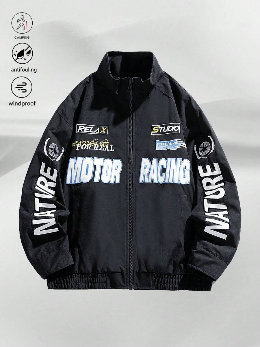 1pc Racing Style Multi-Logo Print Jacket, Streetwear Casual Loose Fit ...