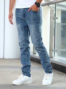 Casual Fashion Versatile Daily Slim Fit Simple Button Men Jeans - Blue - View 2