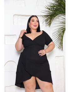 Plus Size Women's Off-The-Shoulder Short Wrap Dress Short Sleeve Mullet Sexy Neckline - 黑色 - 查看 7