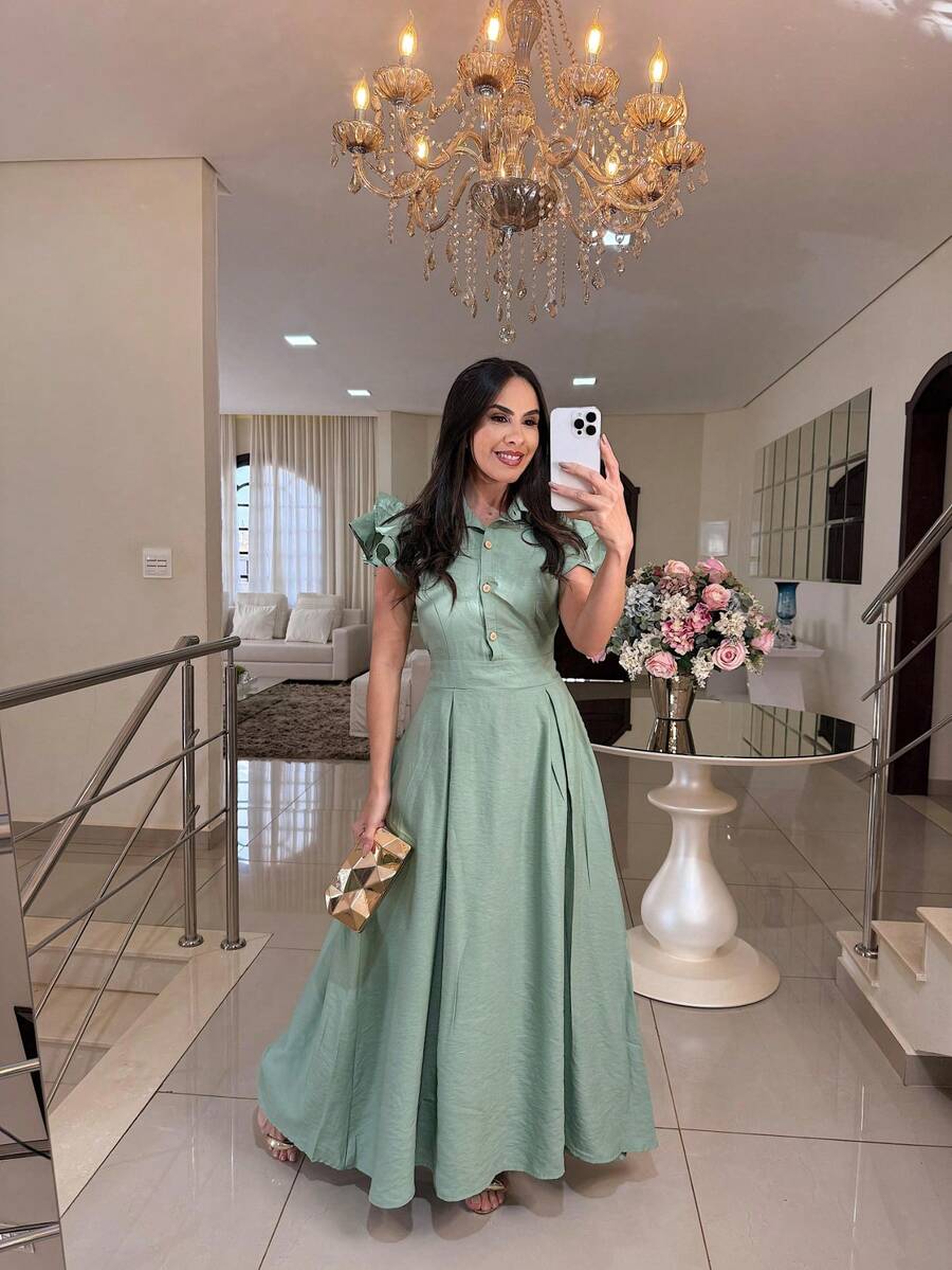 Elegant Long Dress With Puff Sleeves And Front Buttons – Sophisticated Look For Parties And Events - 0.霧綠 - 查看 1