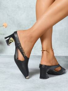 2025 New Color Block Patchwork Casual PU Leather Smooth High Heel Shoes Outdoor Autumn Winter All Season Women's Shoes Metal Square Toe - Black - View 6
