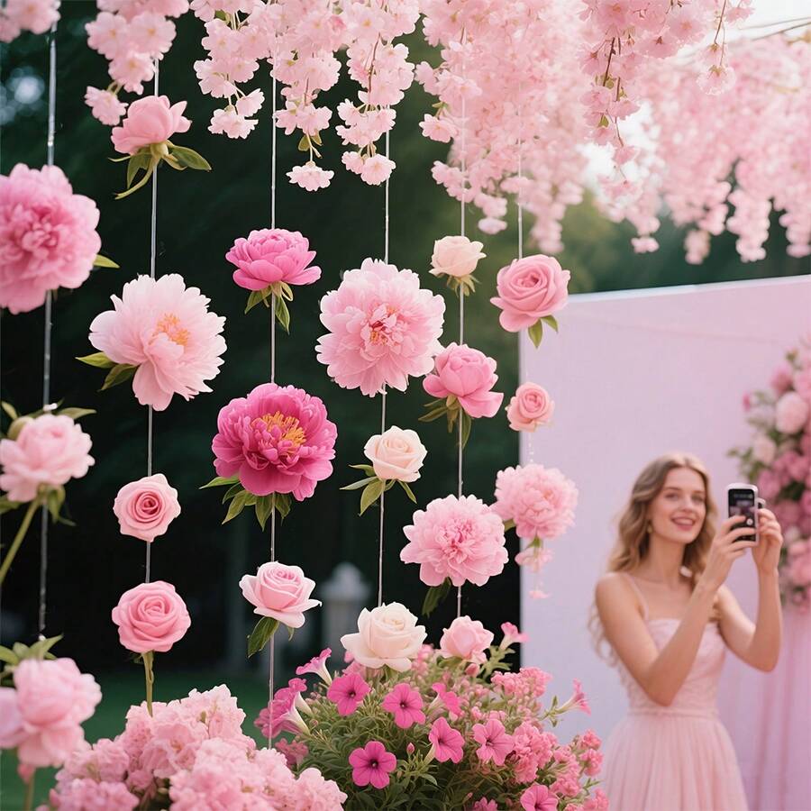 1 set de cascadas de flores con 20 piezas de flores falsas rosas mixtas y 1 rollo de 10m de cuerda transparente, decoraciones florales para decoración de fiestas (flor rosa aleatoria)