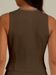 Women's Casual Tailored Vest Animal Argyle Bamboo Bat Beach Butterfly Knot Car Cartoon V-Neck Christmas Casual Woven Fake Pockets Vest Evening Holiday Daily Birthday Party Travel Homecoming Stage & Concert Tea Party Brunch All - Rỉ Nâu - Xem 2