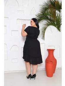 Plus Size Women's Off-The-Shoulder Short Wrap Dress Short Sleeve Mullet Sexy Neckline - 黑色 - 查看 8