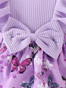 Baby Girl 2pcs Set Sweet Butterfly & Flower Print Ruffle Hem Long Sleeve Bodysuit Dress With Bow Hair Tie - Purple - View 6
