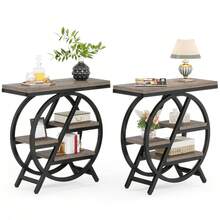 LITTLE TREE Industrial Side Table,  4-Tier Narrow End Table With Storage, Geometric Metal Frame Wooden Sofa Side Table, Modern Style Bedside Table For Living Room, Home Office, Bedroom, Grey - 灰色 - 查看 11