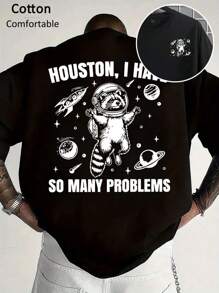 罗纹 100% 纯棉男女通用 T 恤，休闲浣熊和星空卡通英文印花短袖 T 恤，舒适柔软，男女皆宜