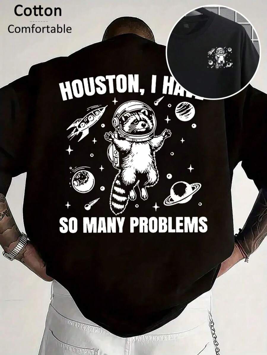 罗纹 100% 纯棉男女通用 T 恤，休闲浣熊和星空卡通英文印花短袖 T 恤，舒适柔软，男女皆宜